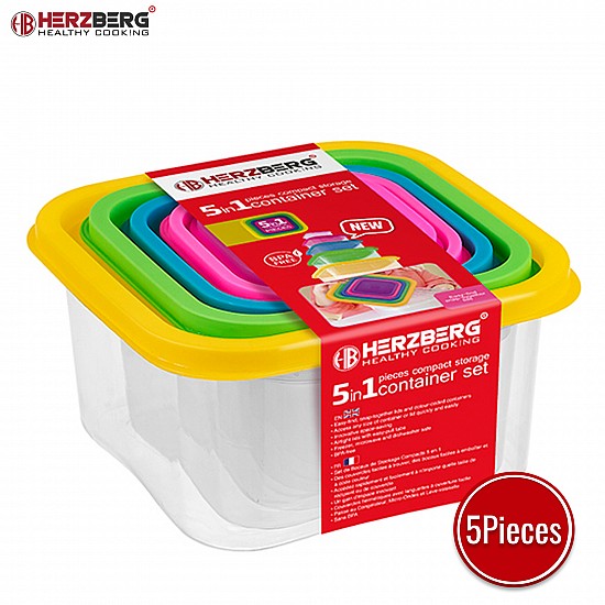 Herzberg HG-SFS5N1: 5-in-1 vierkante containerset voor voedselopslag